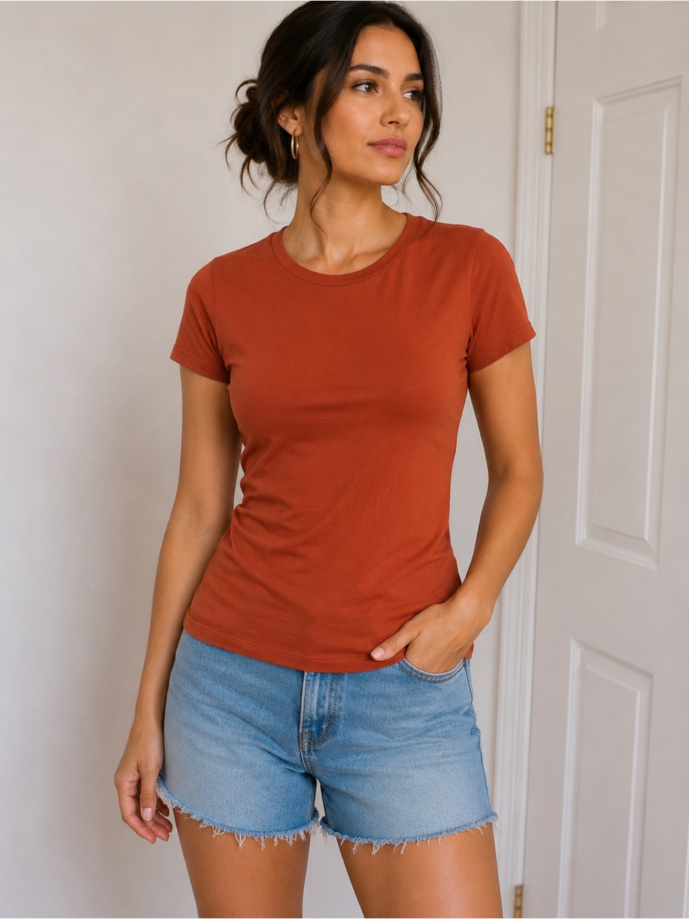 Juniors Women’s Rust Orange Slim Fit Crew Neck T-Shirt Cotton Stretch Size L